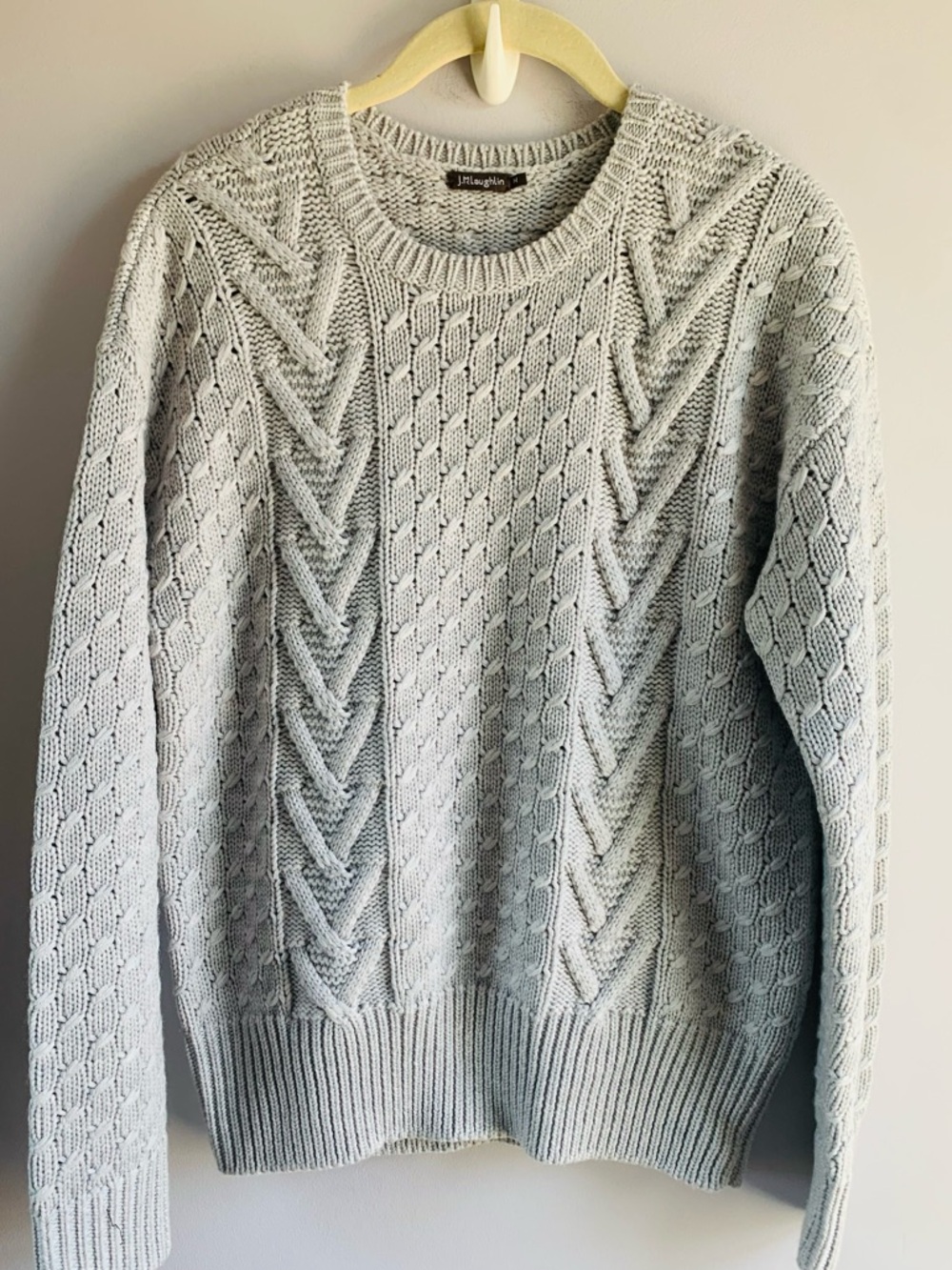 J McLaughlin Sweater Dove Grey Merino Wool Cable Knit Round Neck EUC Medium